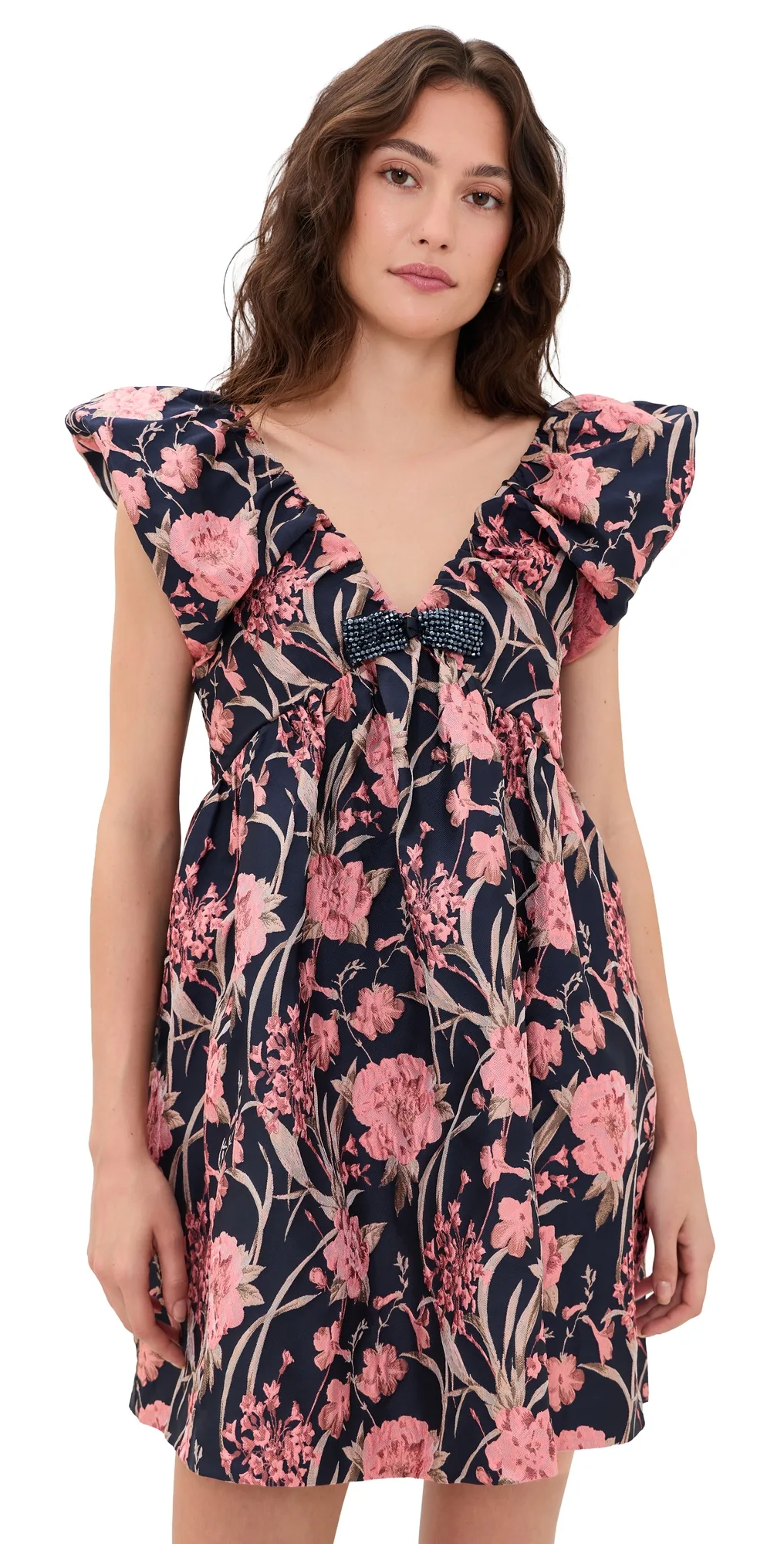 Beaded Bow Floral Jacquard Mini Dress by Endless Rose
