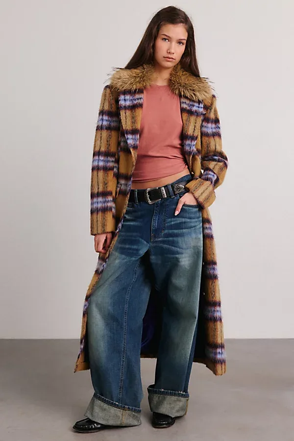 Azalea Wang Talora Faux Fur Trim Plaid Trench Coat Jacket by Azalea Wang