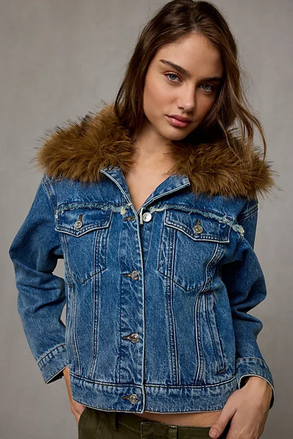 Steve Madden Marky Faux Fur Trim Denim Jacket by Steve Madden
