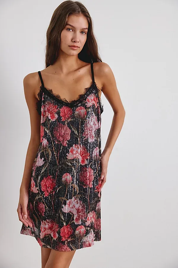 Rianna Sequin Floral Lace Trim Slip Mini Dress