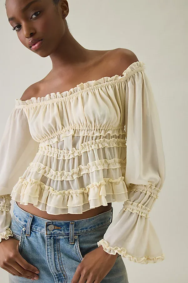 Radiant Romantic Ruffle Long Sleeve Off-The-Shoulder Top