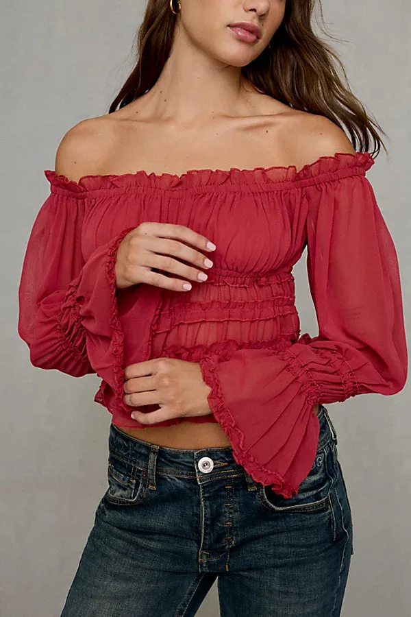 Radiant Romantic Ruffle Long Sleeve Off-The-Shoulder Top
