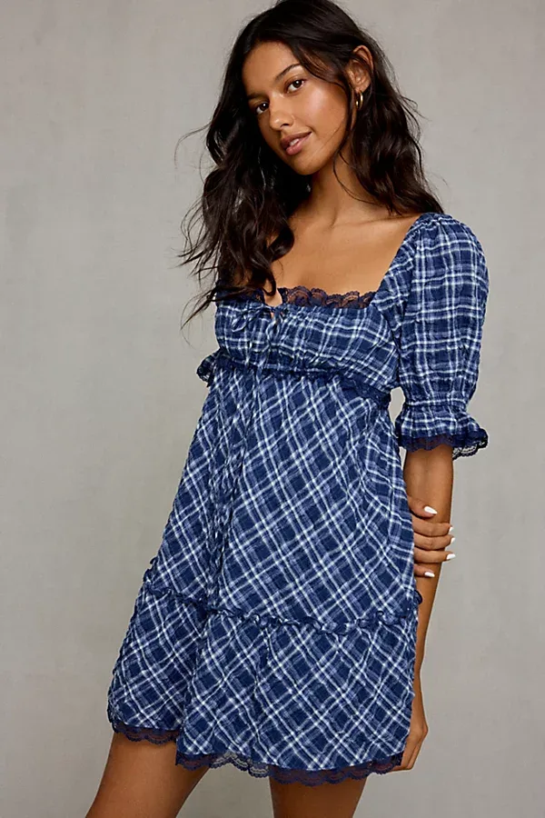 With Love Plaid Puff Sleeve Mini Dress