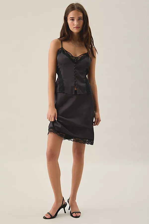 Candace Lace Trim Satin Knee-Length Skirt