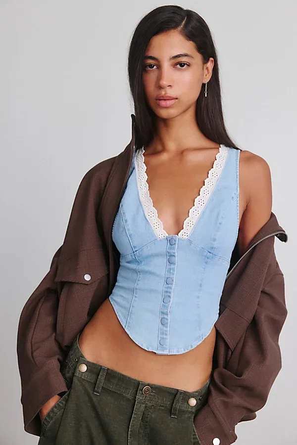 Its a Vibe Lace Trim Denim Corset Top