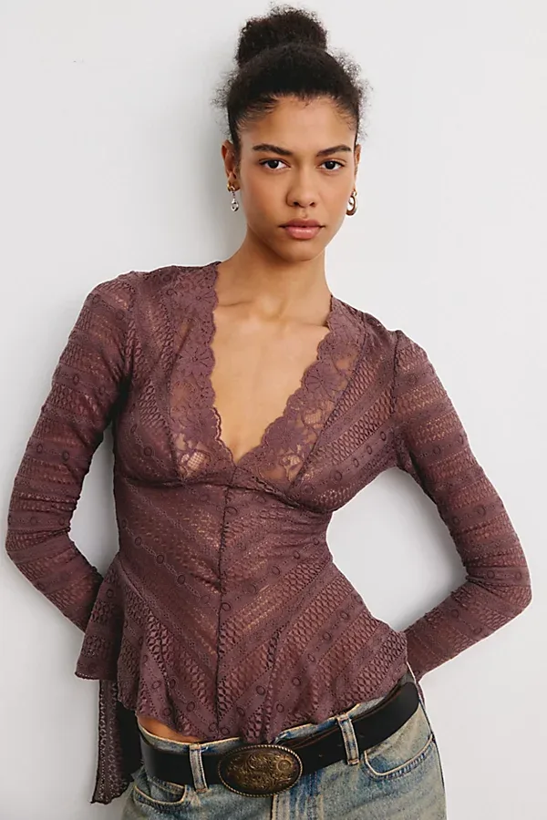 Irene Sheer Lace Ruffle Bell Sleeve Top by Kimchi Blue