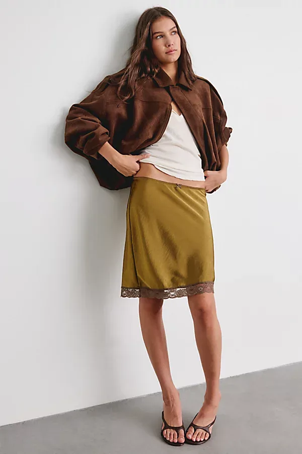 Candace Lace Trim Satin Knee-Length Skirt