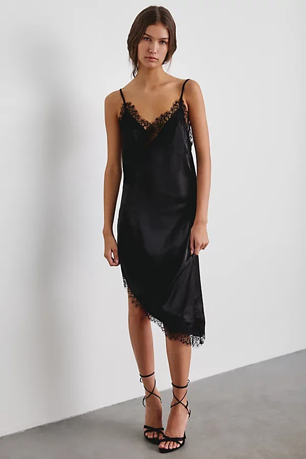 Cross My Heart Asymmetric Lace Trim Satin Midi Dress by Kimchi Blue