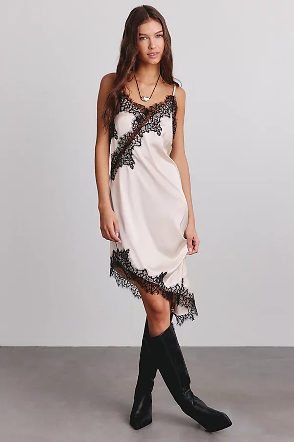 Cross My Heart Asymmetric Lace Trim Satin Midi Dress