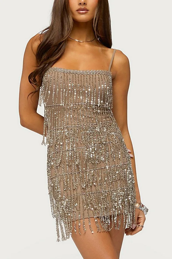 Edikted Yaffah Beaded Fringe Mini Dress by Edikted