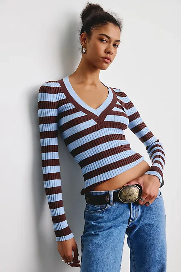 Kimchi Blue Trinity Striped V-Neck Fitted Sweater
