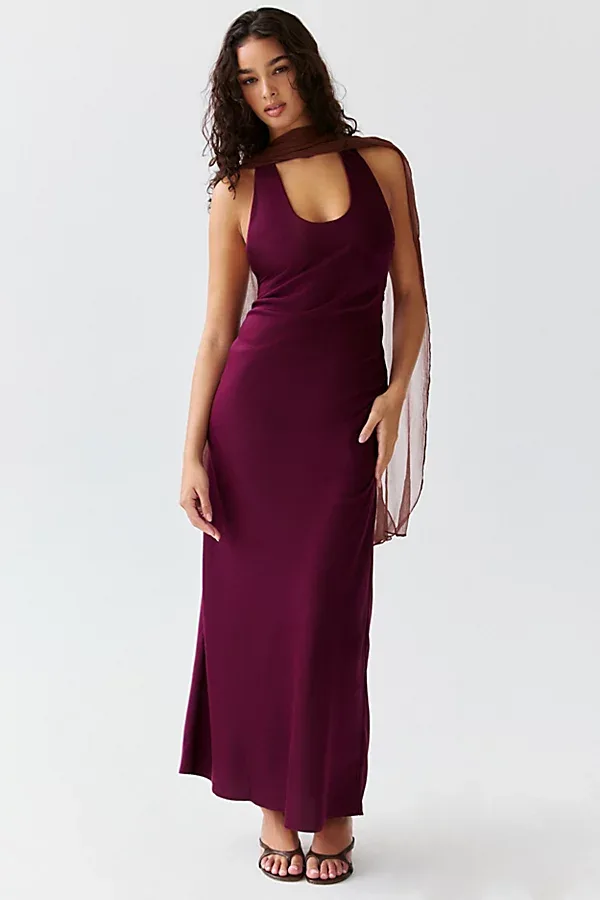 Lioness Bare Plunging Halter Neck Satin Maxi Dress by Lioness