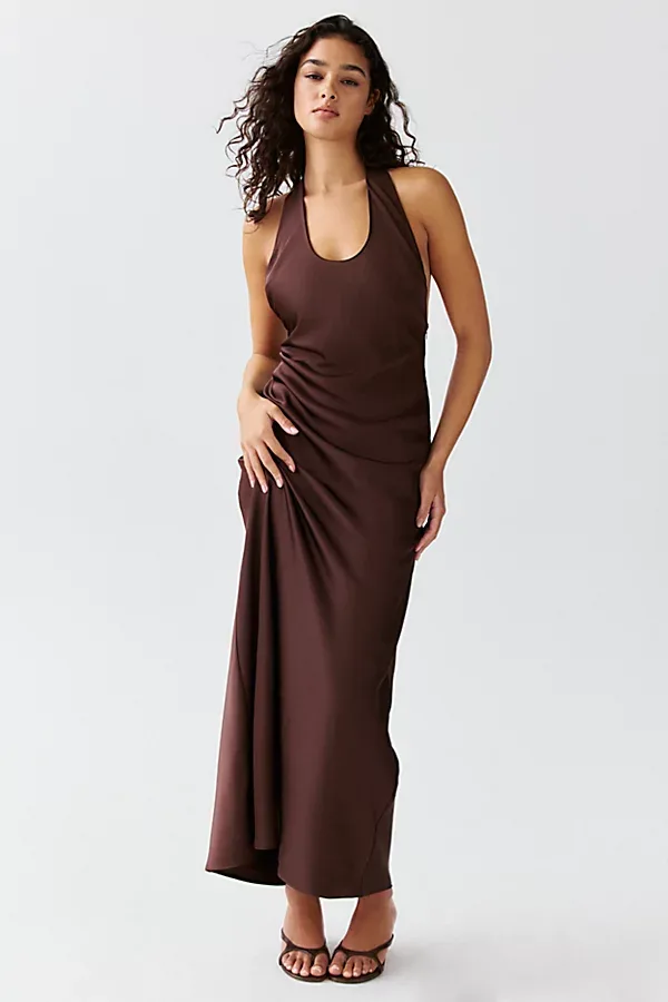Lioness Bare Plunging Halter Neck Satin Maxi Dress