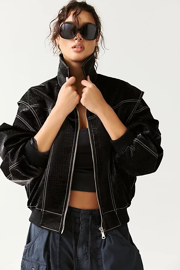 Lioness Vista Croc-Embossed Faux Leather Bomber Jacket by Lioness