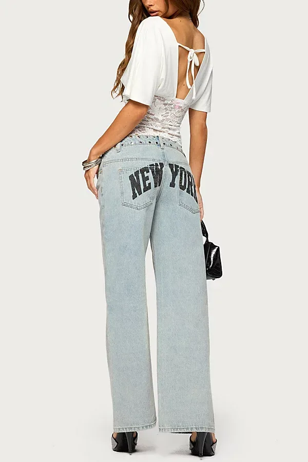 Nyc Studded Low Rise Baggy Jeans by Edikted