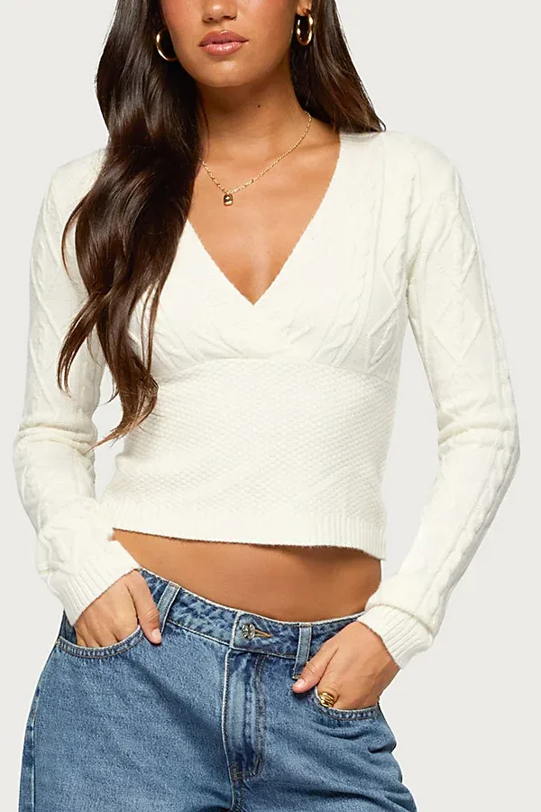 Kitti V Neck Cable Knit Sweater by Edikted