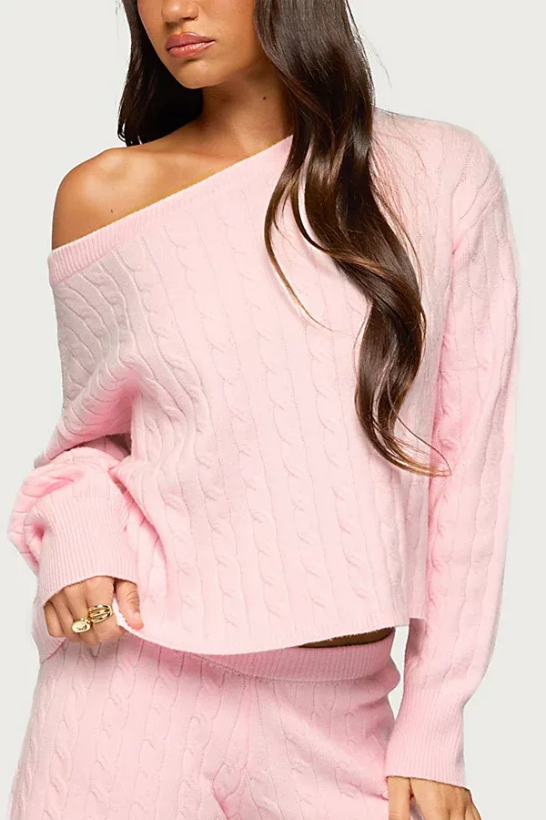 Coralee Off Shoulder Cable Knit Sweater by Edikted
