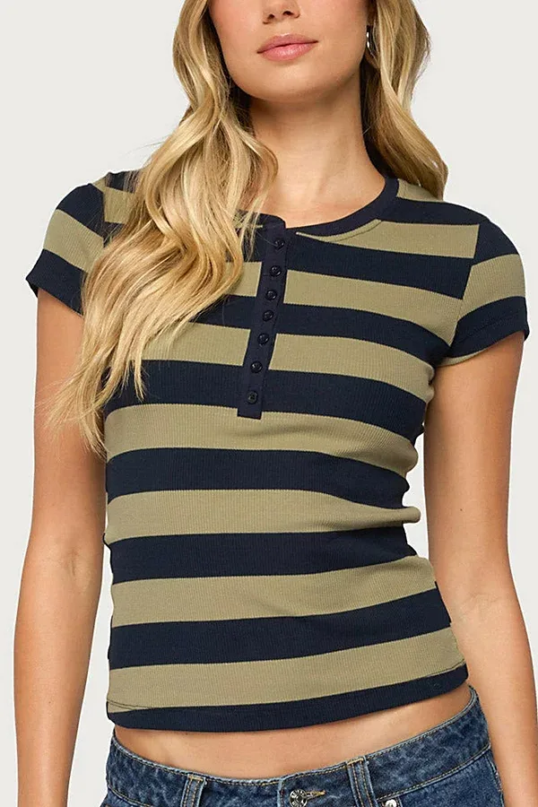 Rhianon Striped Henley Top by Edikted