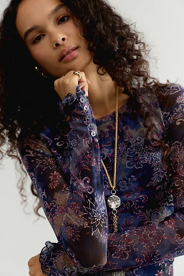 Lilly Printed Boat Neck Long Sleeve Top by Free People