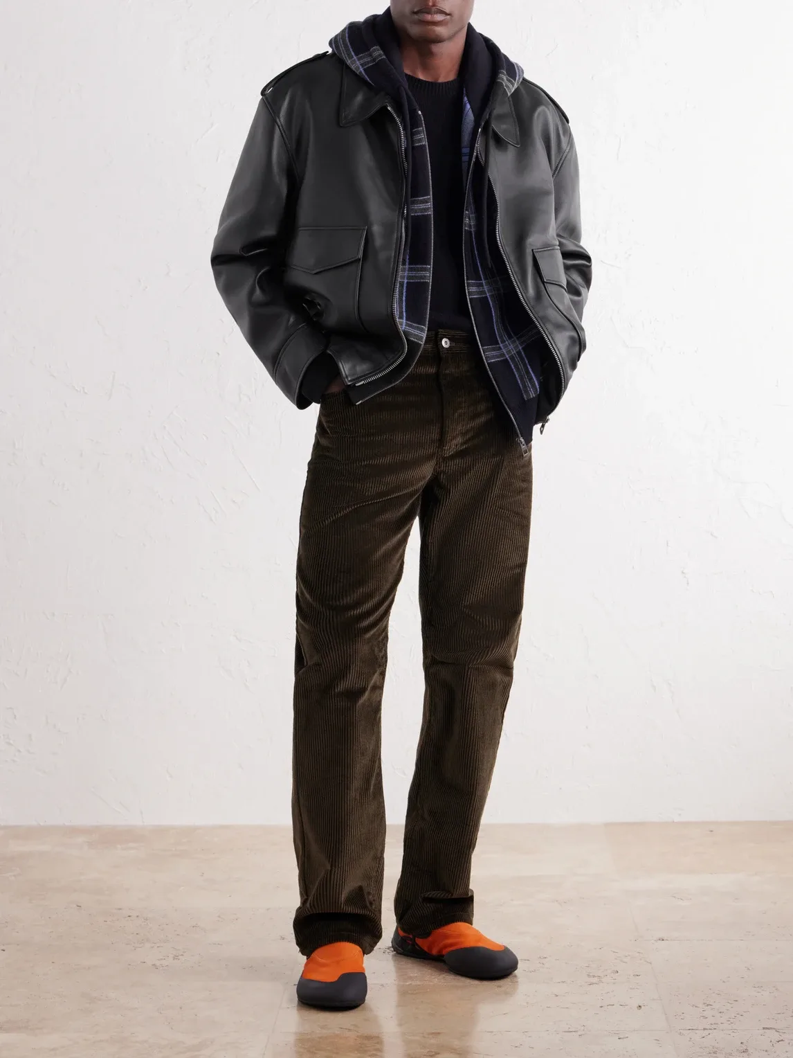 Hooded Checked Knit-Trimmed Leather Jacket by LOEWE