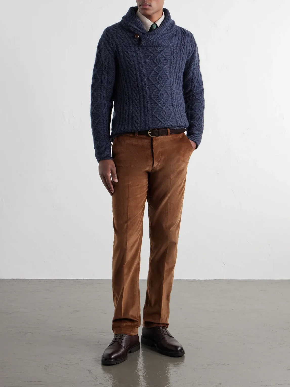 Shawl-Collar Aran Cable-Knit Wool Sweater by Purdey