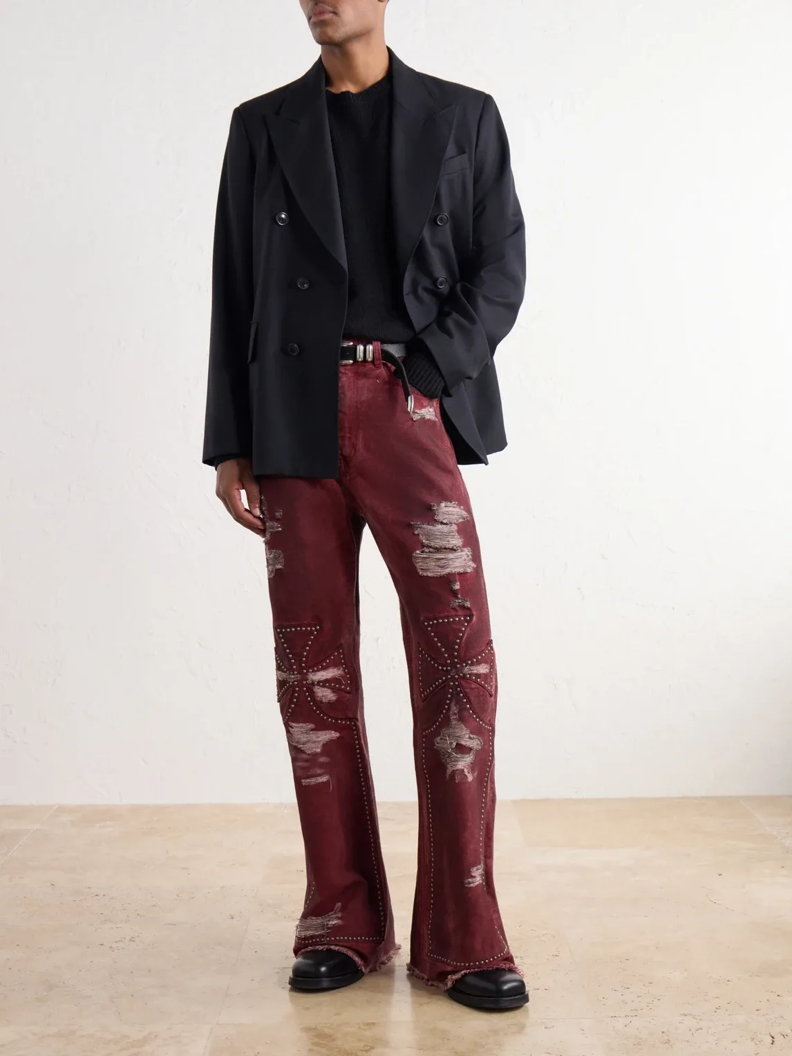 Studded Chopper Flared Distressed Panelled Jeans by Sekrit