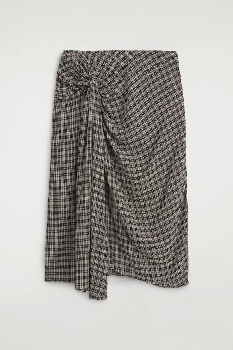 Draped Checked Midi Skirt