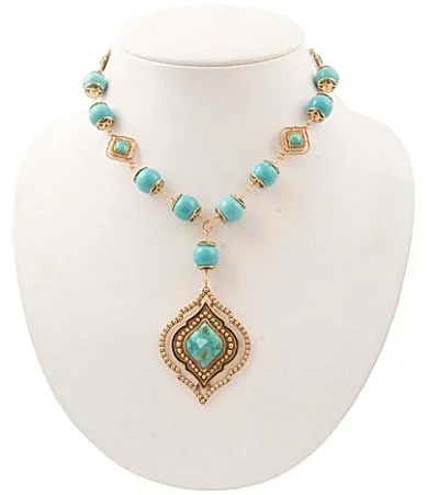 Gilded Oasis Golden Genuine Turquoise and Magnesite Short Pendant Necklace by Barse