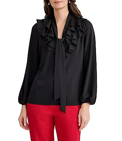 Long Sleeve Ruffle Neck Blouse by Kasper