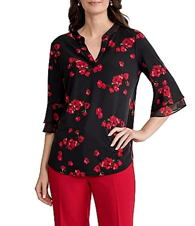 Flutter Sleeve Split Neck Blouse by Kasper