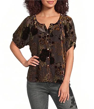 Avah Burnout Floral Velvet Scoop Shirred Neck Short Sleeve Button-Front Top by Johnny Was
