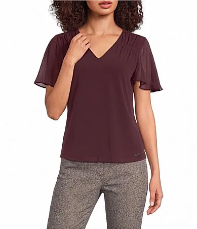 V-Neck Flutter Sleeve Blouse by Calvin Klein