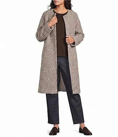 Luxurious Curly Alpaca Round Neck Long Sleeve Front-Snap Long Coat by Eileen Fisher
