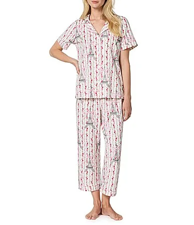 Fleur De La Tour Print Organic Cotton Jersey Knit Long Sleeve Notch Collar Cropped Pajama Set by Bedhead