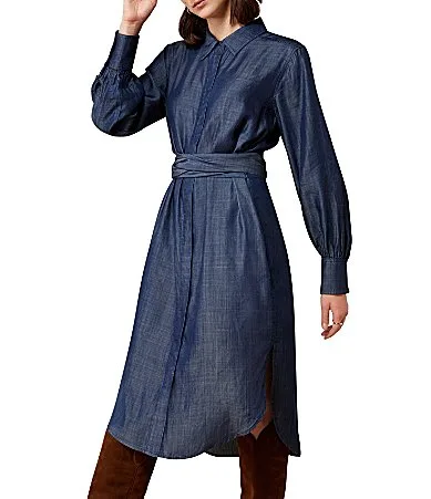 Culham Midweight Twill Point Collar Long Sleeve Midi Length Wrap Dress