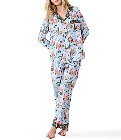 Woven Organic Cotton Holiday Hens Print Long Sleeve Notch Collar Long Pajama Set