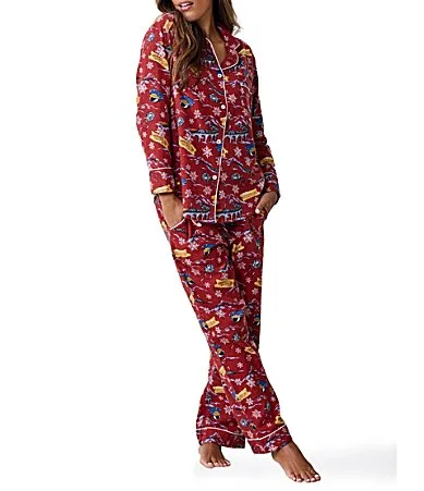 Woven Organic Cotton North Pole Print Long Sleeve Notch Collar Long Flannel Pajama Set by Printfresh