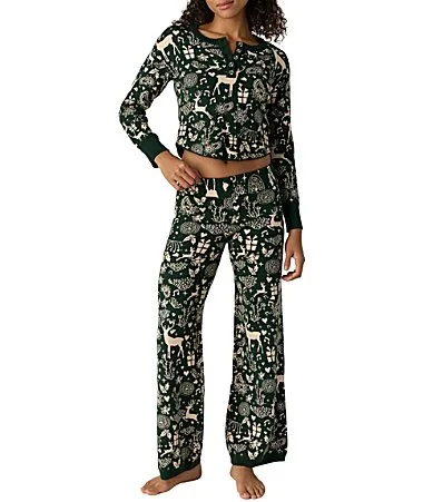Christmas Novelty Print Henley Crew Neck Long Sleeve Knit Pajama Set by Free People