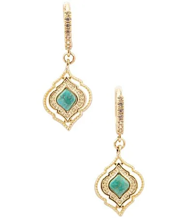 Gilded Oasis Golden and Genuine Turquoise Drop Earrings by Barse