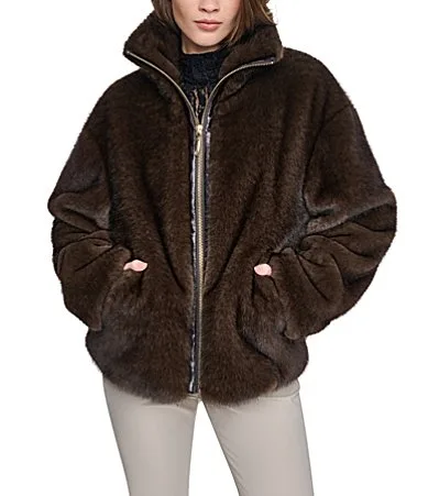 Faux Fur Funnel Collar Long Sleeve Zip Front Teddy Jacket by Halston