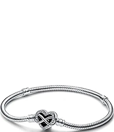 Moments Sparkling Infinity Heart Clasp Snake Sterling Silver Chain Bracelet by Pandora