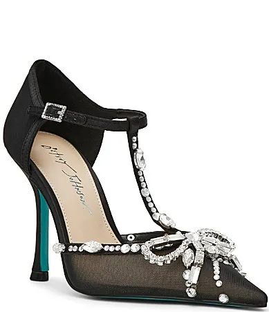 Blue by Betsey Johnson Vanna T-Strap Rhinestone Bow Ornamented Pumps by Betsey Johnson