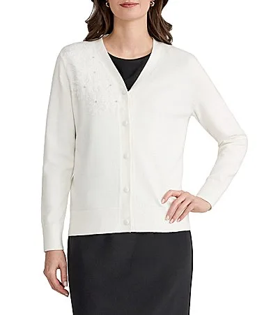 Long Sleeve Floral Sequin Cardigan by Kasper