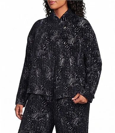 Velvet Chenille Printed Mandarin Collar Long Sleeve Button-Front Coordinating Crop Jacket by Bryn Walker