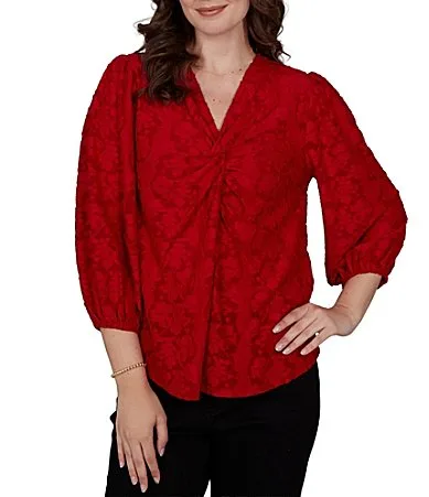 Textured Floral Clip Jacquard V-Neck 34 Sleeve Top by Ruby Rd