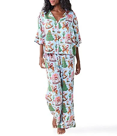 Cowboy Christmas Print 34 Sleeve Notch Collar Eco Satin Long Pajama Set by Printfresh