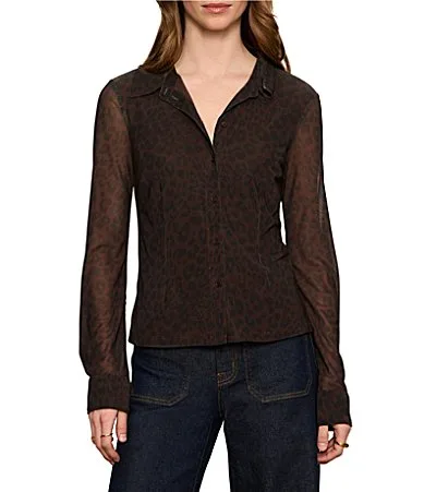 Fitted Mesh Leopard Printed Spread Collar Long Sleeve Button Front Top by Sanctuary