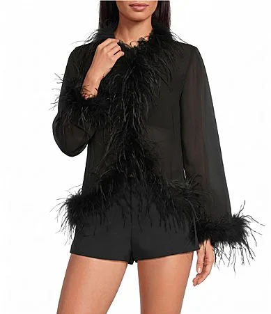 Dakota Feather Trim V-Neck Long Sleeve Chiffon Top by Gianni Bini