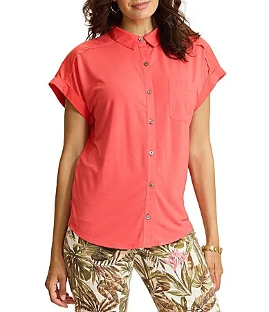 Kauai Hybrid Solid Stretch Jersey Camp Collar Short Sleeve Button Front Shirt by Tommy Bahama