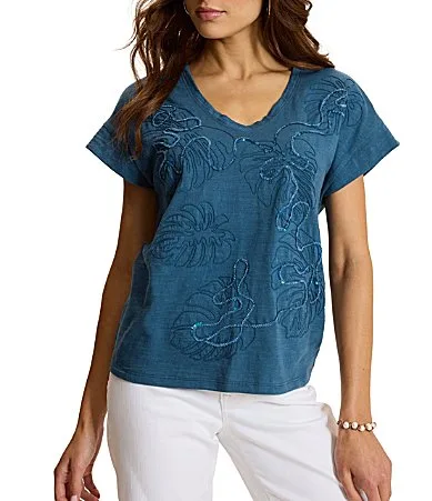 Monstera Lux Jersey Floral Embroidered V-Neck Cap Sleeve Tee Top